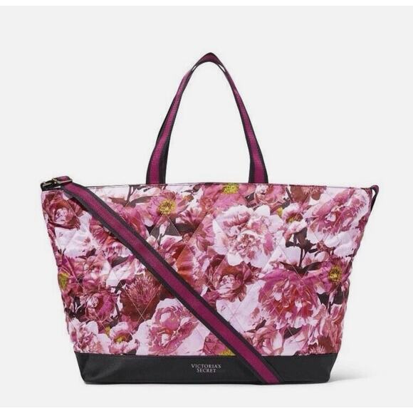 NWT Victoria's Secret Pink Floral Flower Quilted Nylon Weekender Tote Travel Bag - Picture 1 of 10